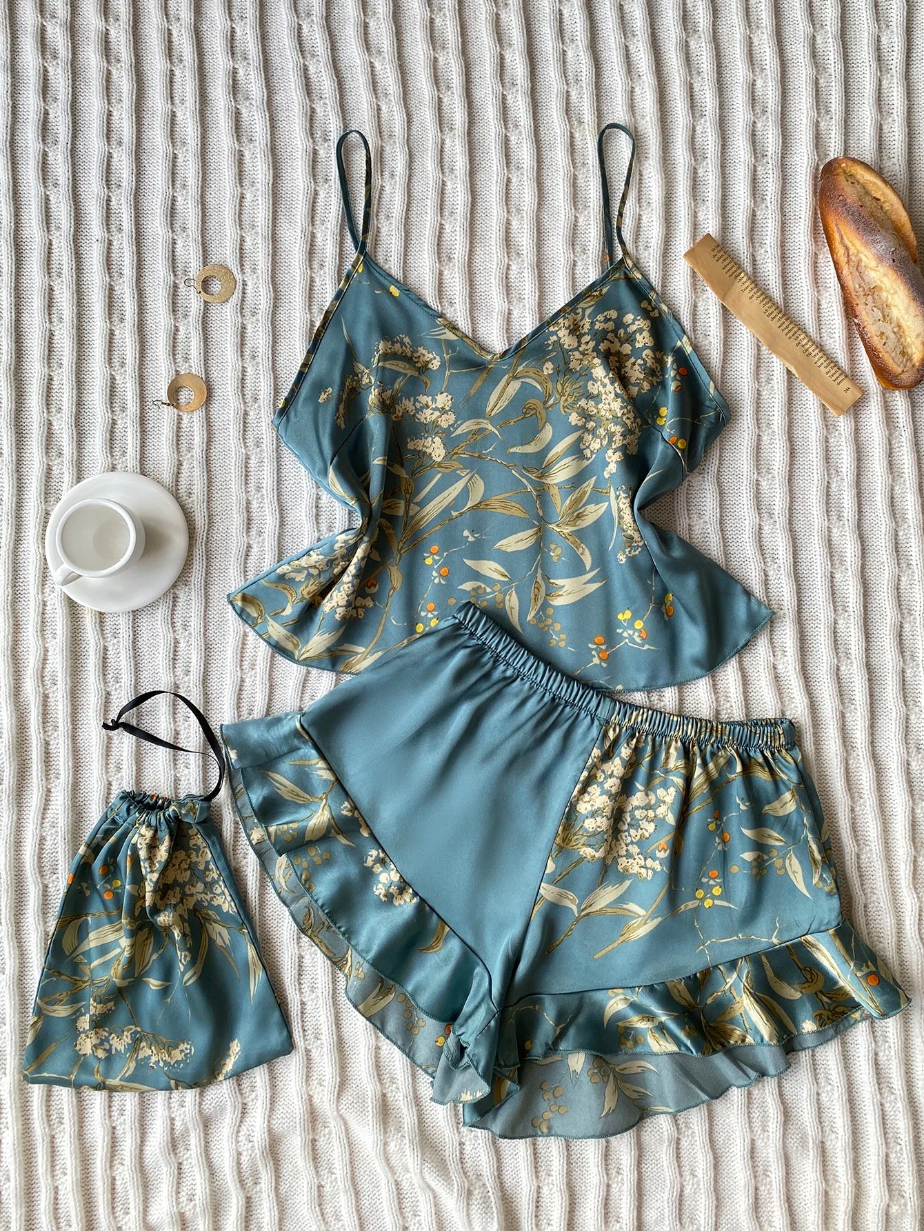 Elegant Floral Print Cami Tops   Ruffle Hem Shorts Pajama Set  Women's Sleepwear