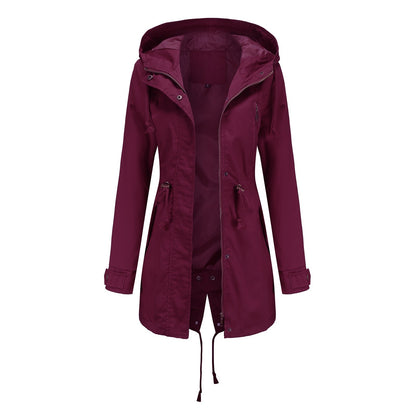Women Jacket Windproof Windbreaker Trench Coats Female Hooded Drawstring Long