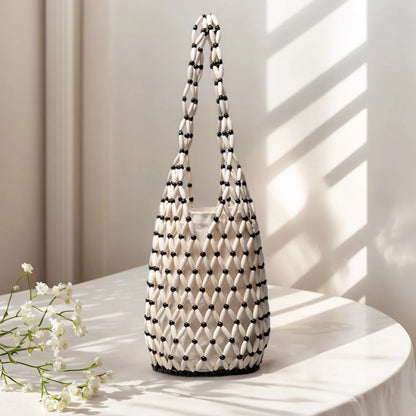 Women Hollow-out Bucket Bags Woven Hand Bag Wooden Bead Shoulder Bags Beach Top-Handle Bags Summer Netted Canvas Tote Handbag