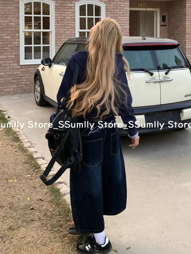 Embroidery Stitched Jeans Women Summer Loose Retro High Waisted Pants Y2k Design Wide Leg Cropped Shorts