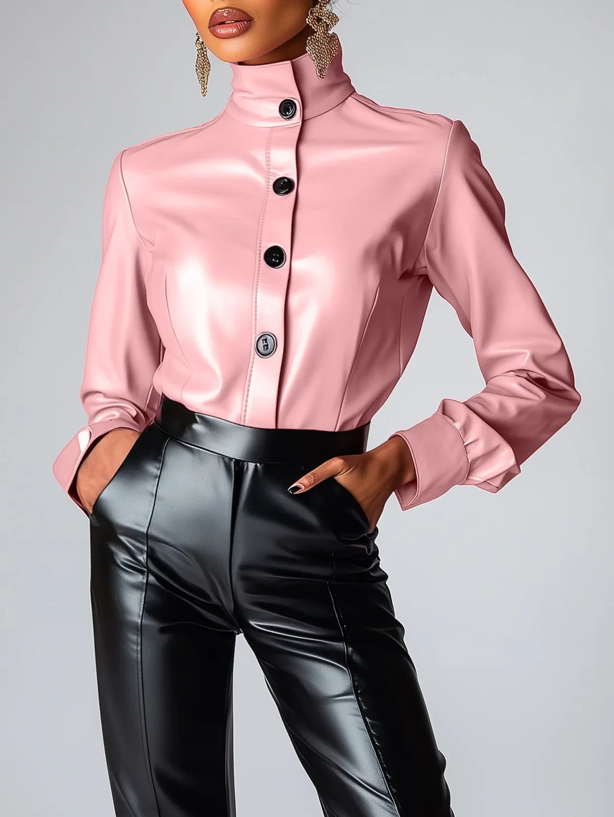 High Neck PU Leather Long Sleeve Blouse Single Breasted Solid Color Slim Leather T Shirt High Street Spring Streetwear