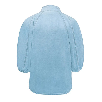 Women Denim Top Turtleneck Splice Puff Sleeve Shirts Loose Solid Pullovers Casual
