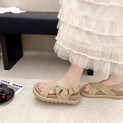 Genuine Leather Cross Strap Roman Sandals Casual Comfortable Women's Platform