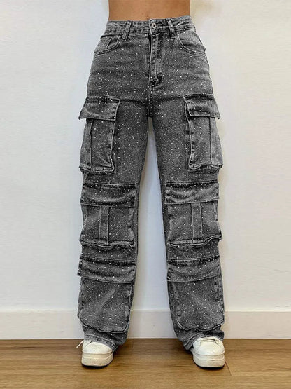 High Waist Cargo Denim Jeans With Full Rhinestones Sparkling Casual Baggy Pants Streetwear Chic Daily Trousers