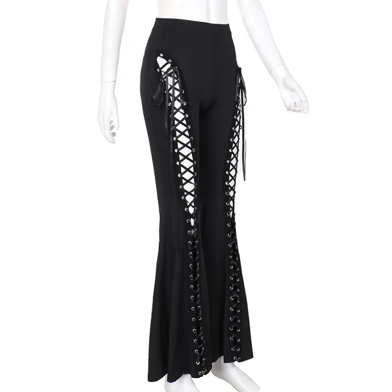 Dark Black Punk Flared Pants Long Trouser Women Lace Up Front Hollow Cut Out Bell Bottom Tied Up High Waist