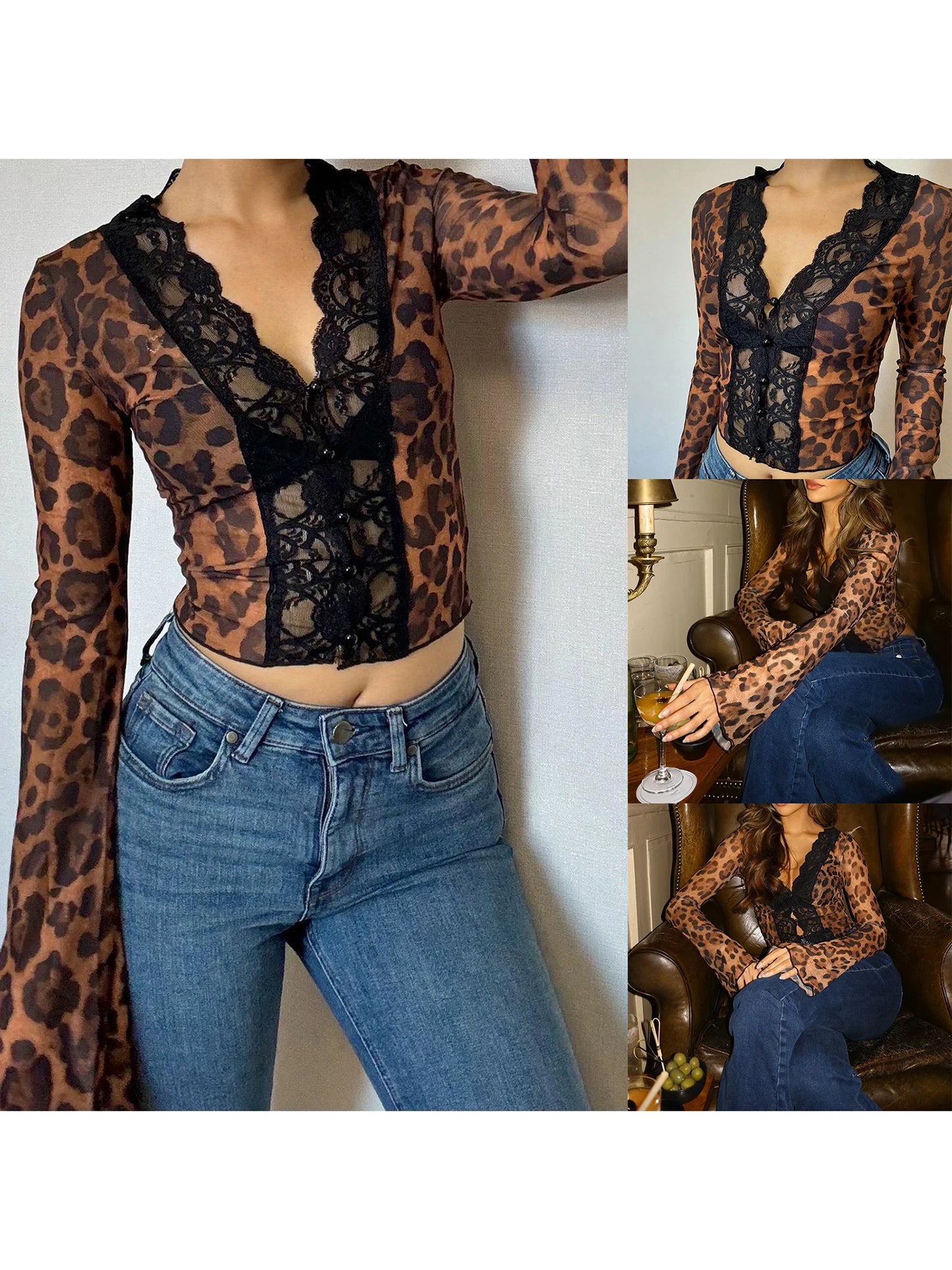 Women's Leopard Print Lace Patchwork V-Neck Button Down Long Sleeve Blouse