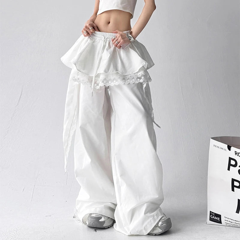 Y2K Black Cargo Pants Women Lace Patchwork White Wide Leg Pants