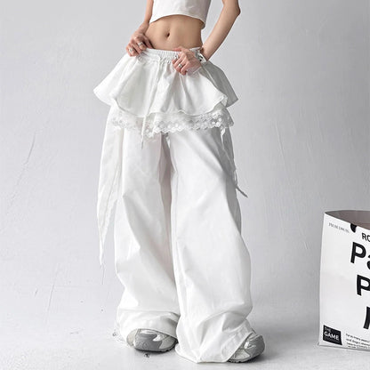 Y2K Black Cargo Pants Women Lace Patchwork White Wide Leg Pants