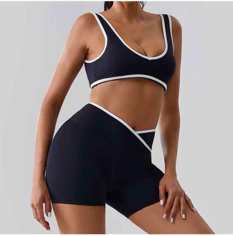 Seamless Yoga Sets Sports Fitness cross waist  Waist Hip-lifting Shorts Bra Suit