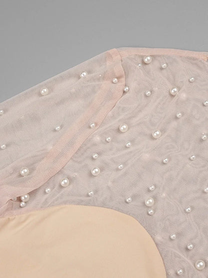 Mesh Pearl Beaded Bodysuits+Strapless Jumpsuit Two piece Sets Women White Jumpsuit Suits Evening
