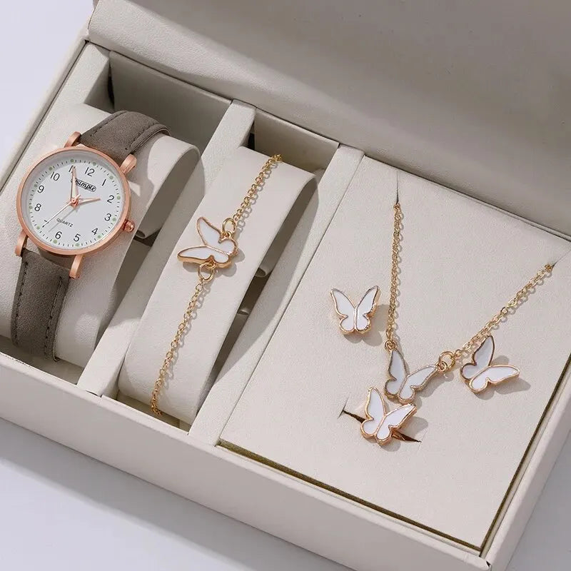 6Pcs Sets Luxury White Leather Analog Ladies Quartz Wrist Watch Butterfly Design Earring Bracelet Necklace