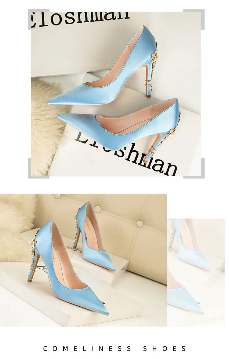 Women's Metal Flowers Stiletto High-heel Shoes Female  Light Luxury Wedding Shoes Pointed Toe