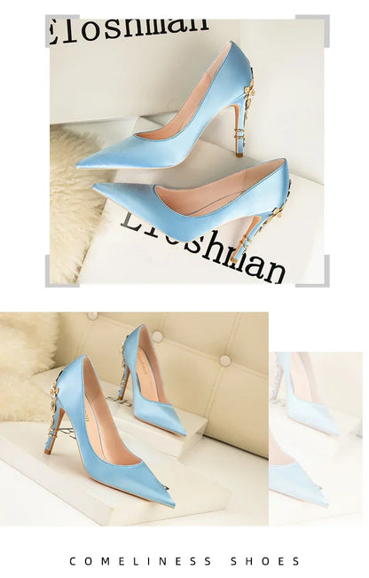 Women's Metal Flowers Stiletto High-heel Shoes Female  Light Luxury Wedding Shoes Pointed Toe