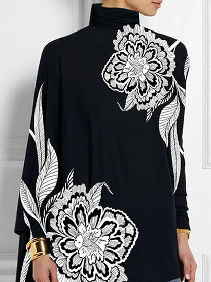 Asymmetric Floral Printed High Neck T-Shirt Long Batwing Sleeve Loose Casual