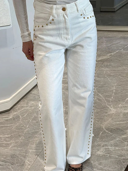 Metal Rivet Wide Leg Jeans Trousers Baggy Low Rise Pockets Denim