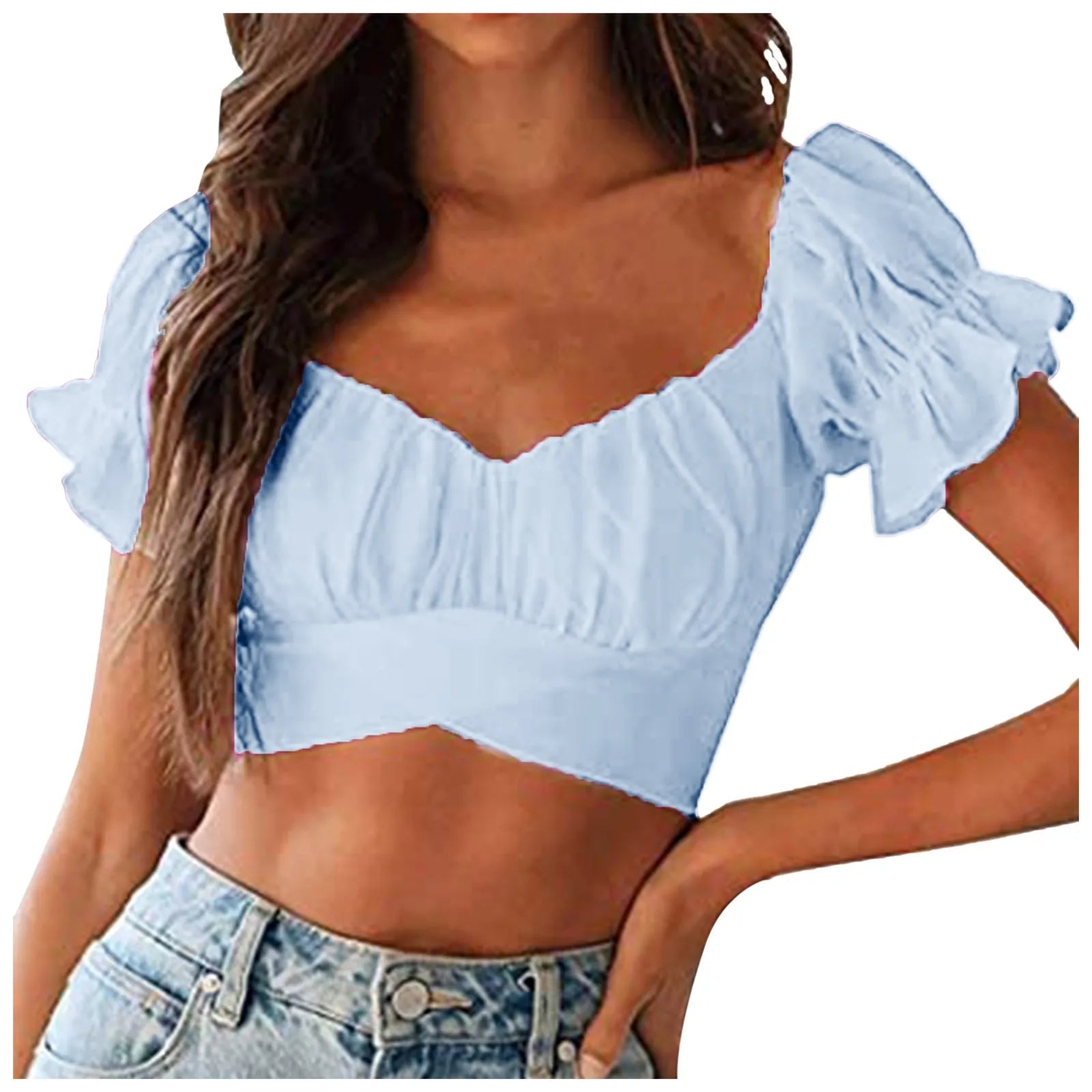 Deep V Neck Cropped Top Ruffled Short Sleeve Backless Tight Tank Top Watermelon Red / XL / United States Watermelon Red / S / United States 