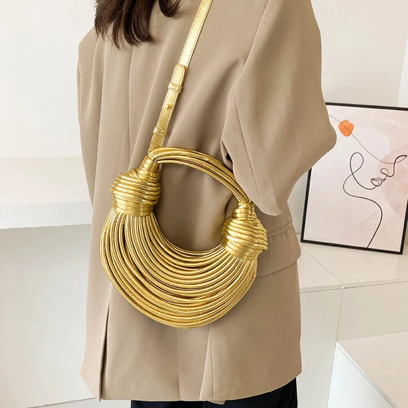 Gold Luxury Designer Brand Handwoven Noodle Bags Rope Knotted Pulled Hobo Silver Evening Clutch Chic
