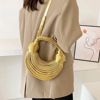 Gold Luxury Designer Brand Handwoven Noodle Bags Rope Knotted Pulled Hobo Silver Evening Clutch Chic
