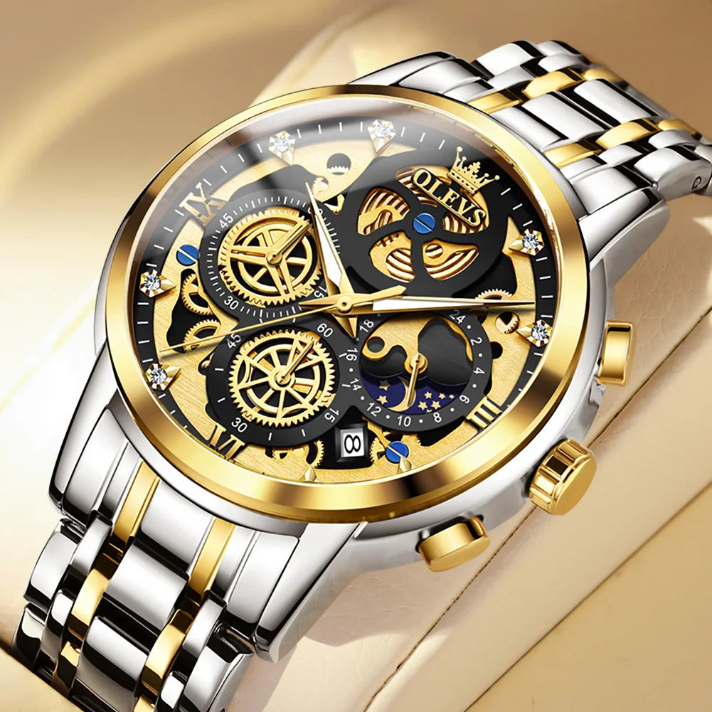 Top Brand Luxury Original Waterproof Quartz Watch for Man Gold Skeleton Style 24 Hour Day Night New