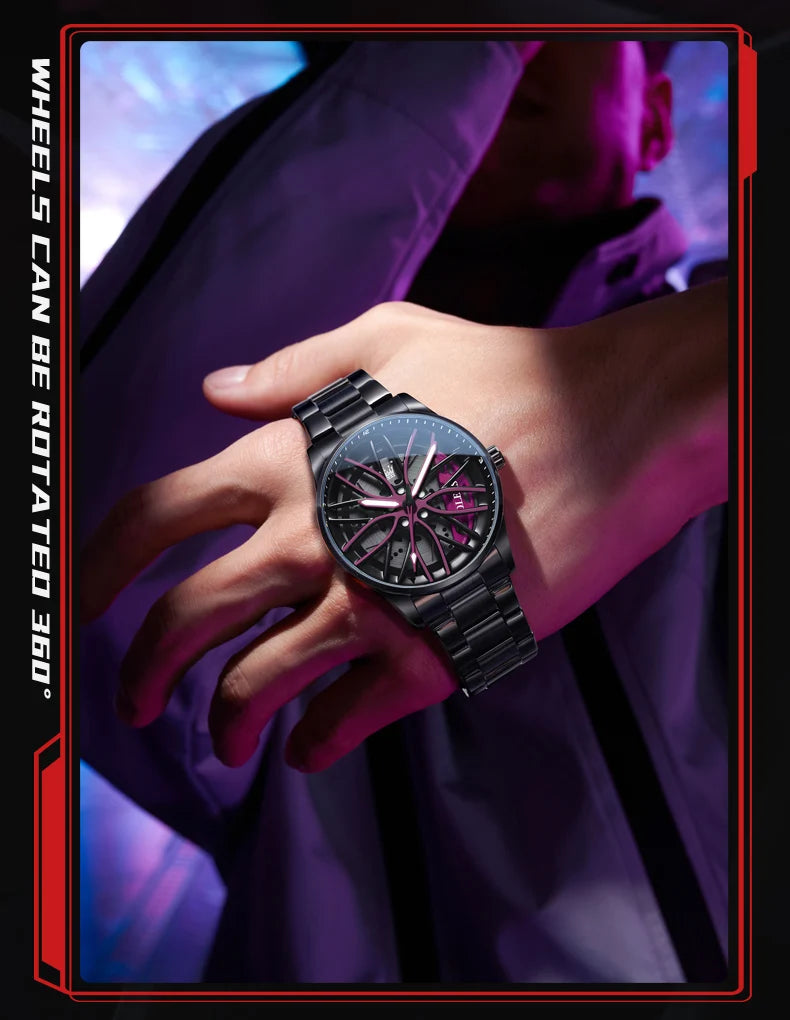 Mens Watch Original Rotatable Wheel Hub Dial Fashion Trend Quartz Watch Waterproof Luminous