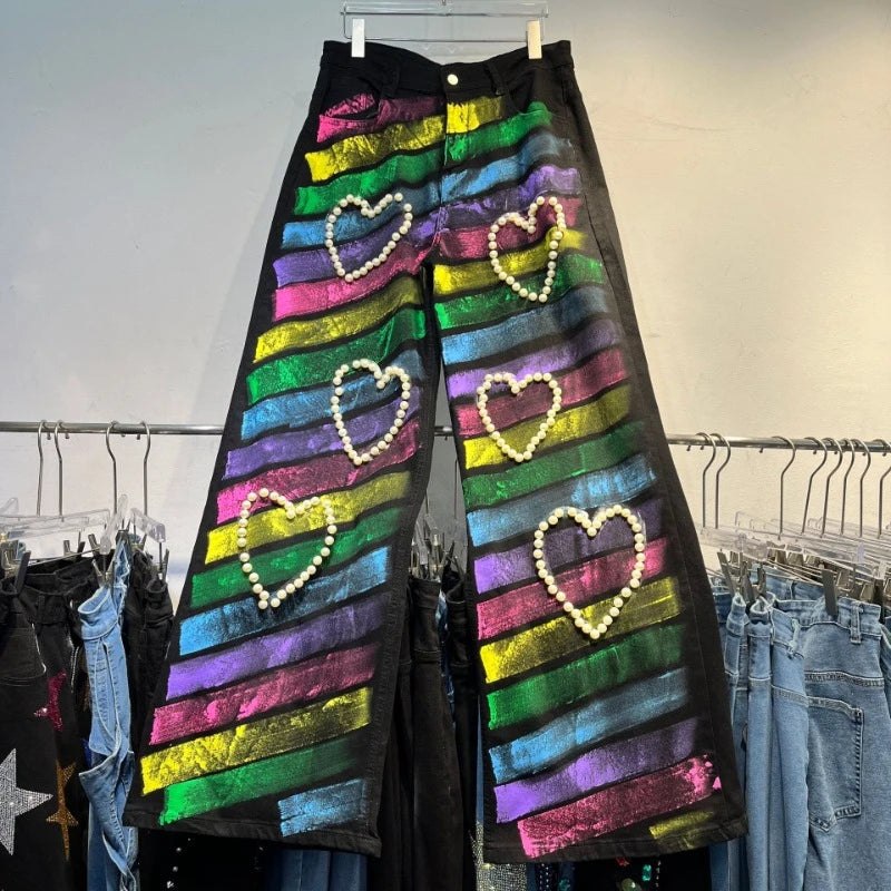 Painted Trousers Heavy Industry Love Beads Retro Nostalgic Fashion Skinny Denim Pants Blue / XXL Blue / XL Black / M Blue / XXL-Blue / XL-Black / M-Blue / XXXL-Black / XL-Black / L-Black / XXXL-Black / XXL-Blue / L-Blue / M-
