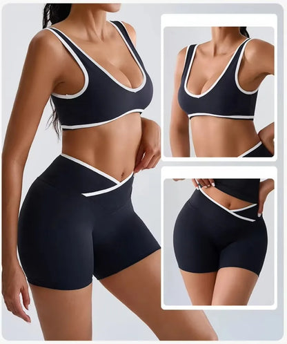 Seamless Yoga Sets Sports Fitness cross waist  Waist Hip-lifting Shorts Bra Suit