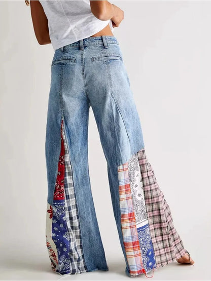 High Waisted Wide Leg Jeans Casual Patchwork Retro Y2K Pants Trousers