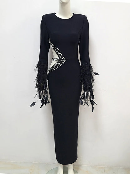 Feather hollow out Bandage Maxi Dress  Diamond Long Sleeve Bodycon Long Dress