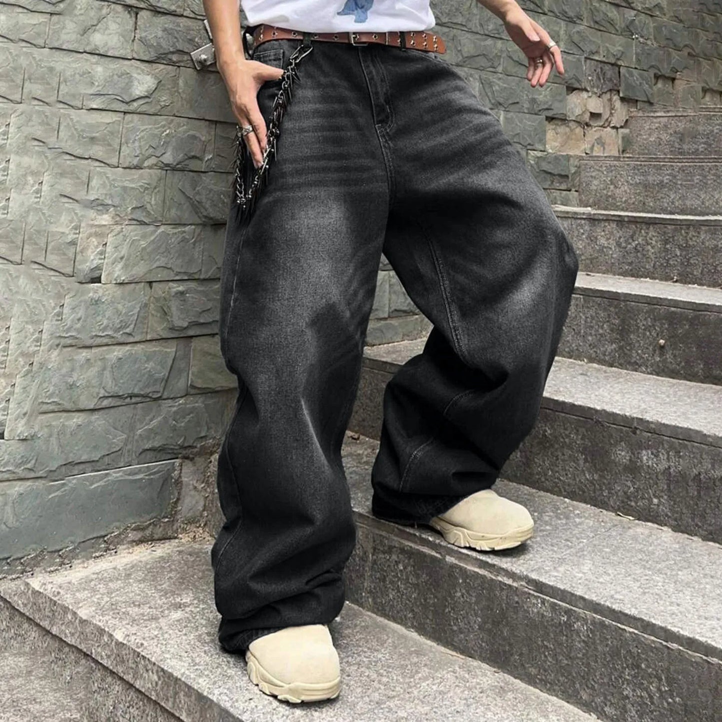 Men'S Baggy Hip Hop Jeans Wide Leg Skater Denim Pants Casual Loose Fit Long Trousers