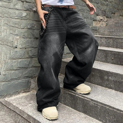 Men'S Baggy Hip Hop Jeans Wide Leg Skater Denim Pants Casual Loose Fit Long Trousers