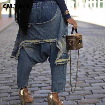 Women Streetwear Ripped Out Hole Denim Pants Loose Safari Style Cargo Harem