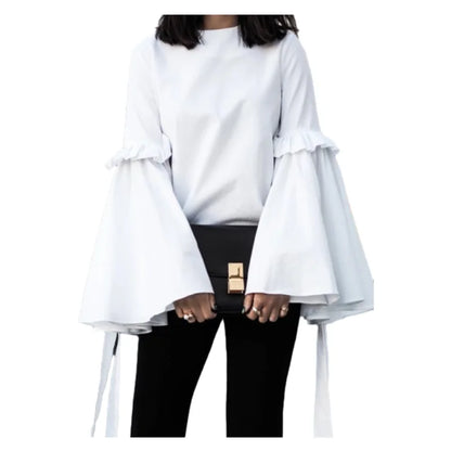 Women's Spring New Solid Color T-shirt Round Neck Split-joint Flared Sleeves Loose Fit Shirt Top