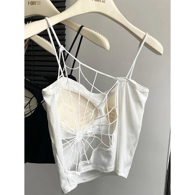 Women Black Hollow Out Crop Top Vintage Y2k Camisole Corset Top Sleeveless Off Shoulder Vest 90s Tank Tops 2000s Clothes Summer