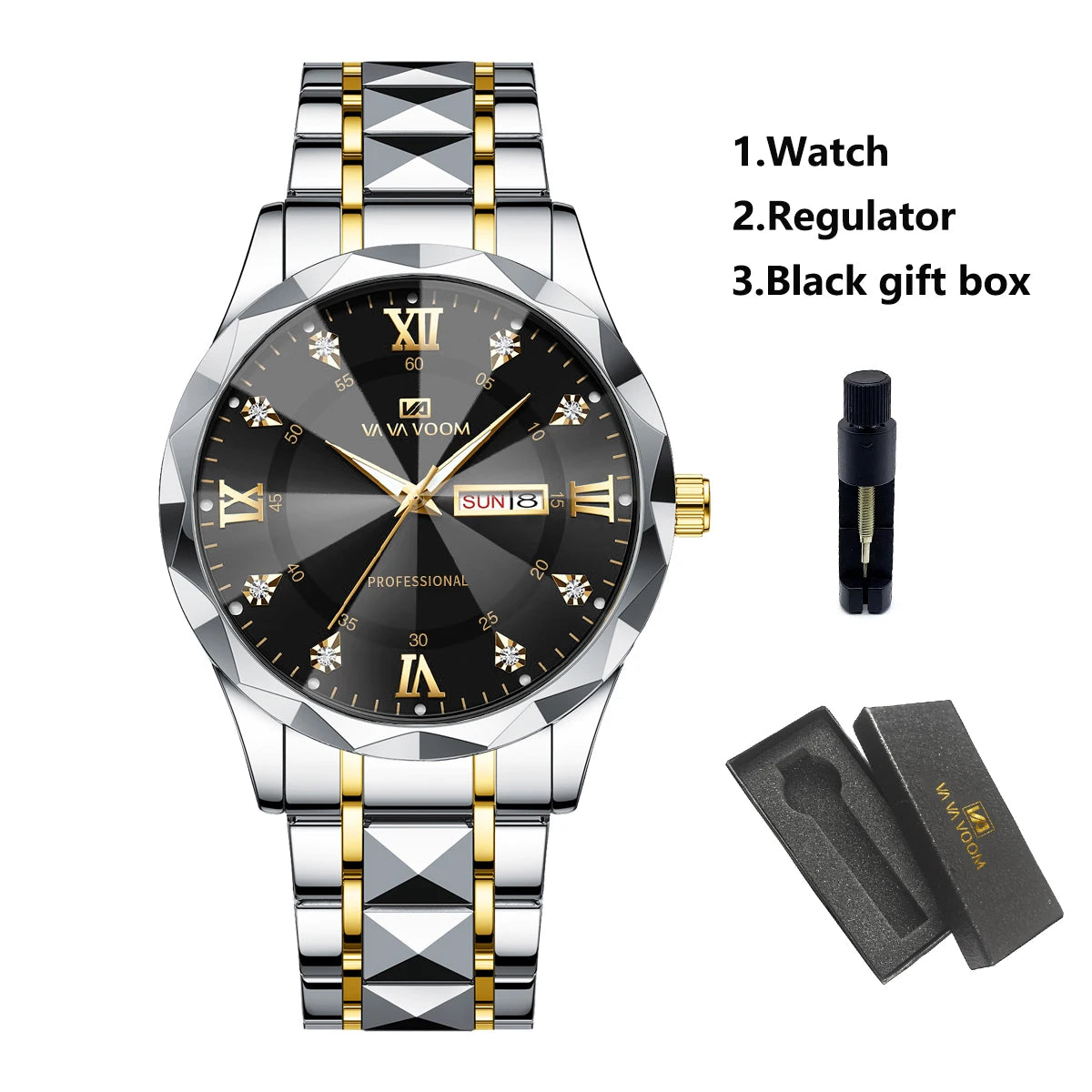 Men Watch Water Diamond Luxury Night Glow Double Calendar Quartz Movement 41mm Blue Gold Stainless Steel