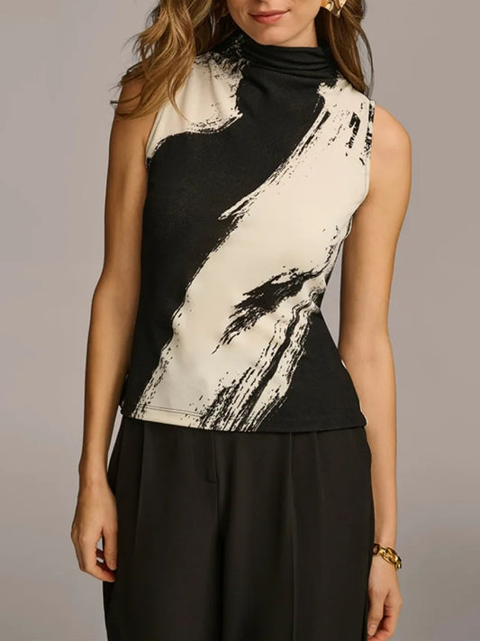 Sleeveless High Neck Vest Top Contrast Color Urban Casual Office Skinny T-shirts