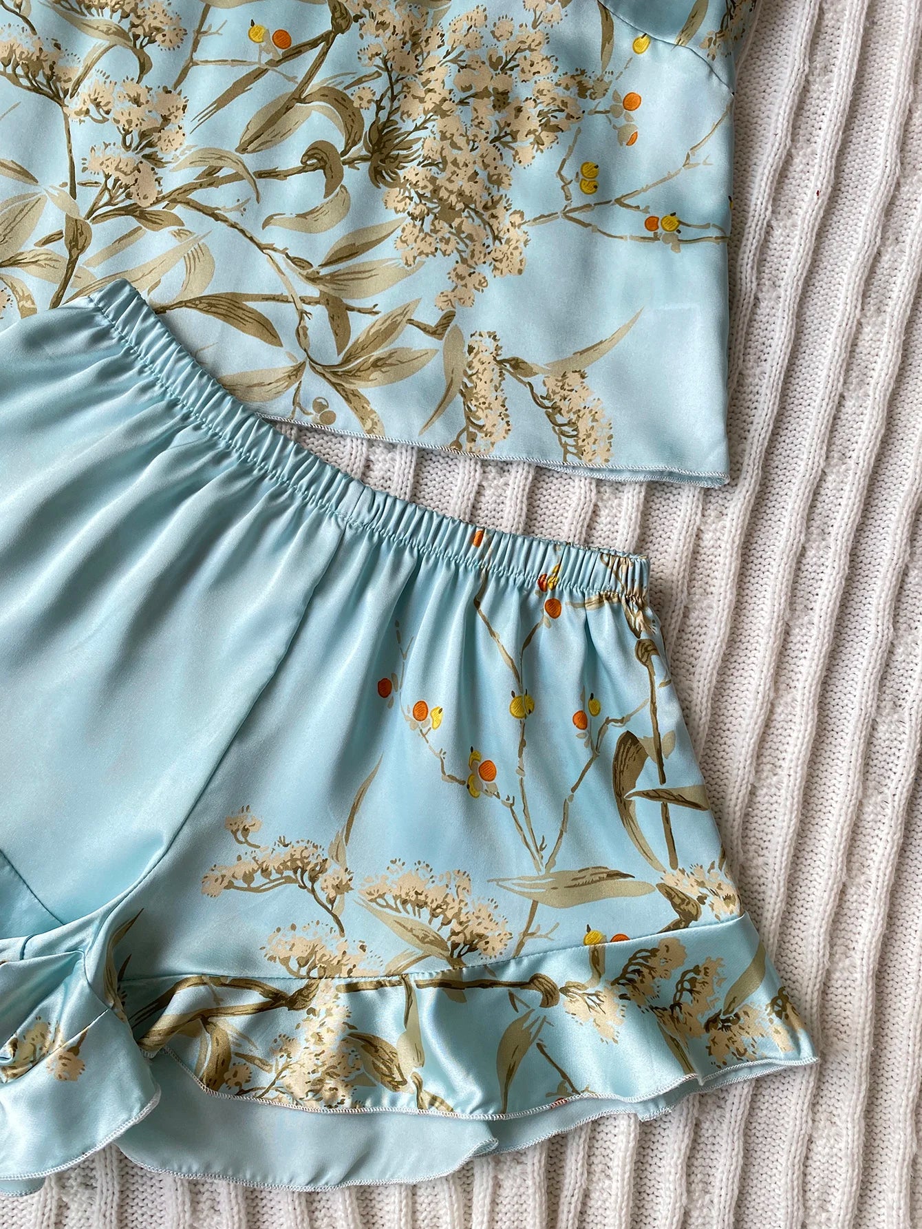 Elegant Floral Print Cami Tops   Ruffle Hem Shorts Pajama Set  Women's Sleepwear