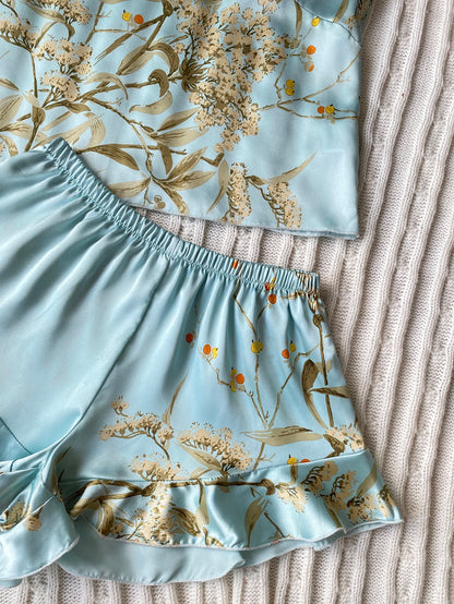 Elegant Floral Print Cami Tops   Ruffle Hem Shorts Pajama Set  Women's Sleepwear