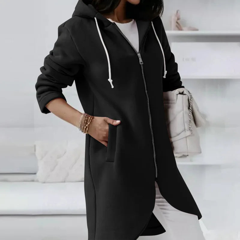 Autumn Women Long Hoodies Coat Zip Up Solid Hooded Casual Pockets Long Jackets