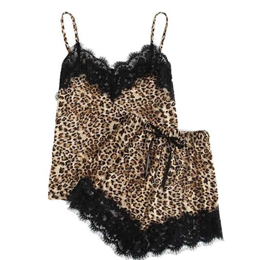 Pajama Set Sling Sleepwear Lingerie Lace Leopard Print Cami Tops And Shorts Pajama Sets Lady Two Piece Set