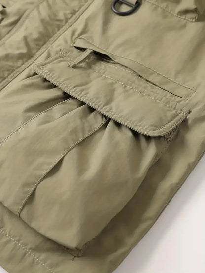 Detachable windproof sleeved hooded jacket suitable for outdoor activities men's casual waterproof multi pocket jacket vest