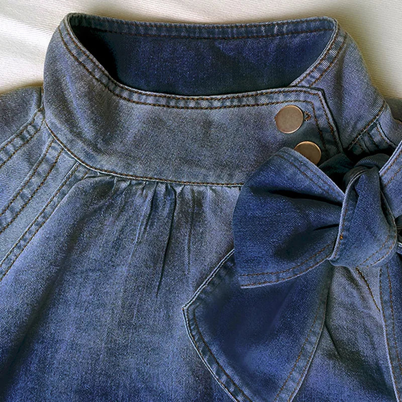 Women Denim Top Turtleneck Splice Puff Sleeve Shirts Loose Solid Pullovers Casual