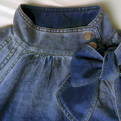 Women Denim Top Turtleneck Splice Puff Sleeve Shirts Loose Solid Pullovers Casual