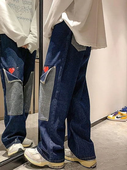 Wide Leg Baggy Cargo Jeans Pants Men Heart Oversize Straight Casual Denim Long Trousers Streetwear