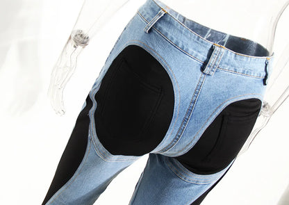 Color Block Women's Jeans Slim Panelled Patchwork High Waist Split Blue Long Denim Pants