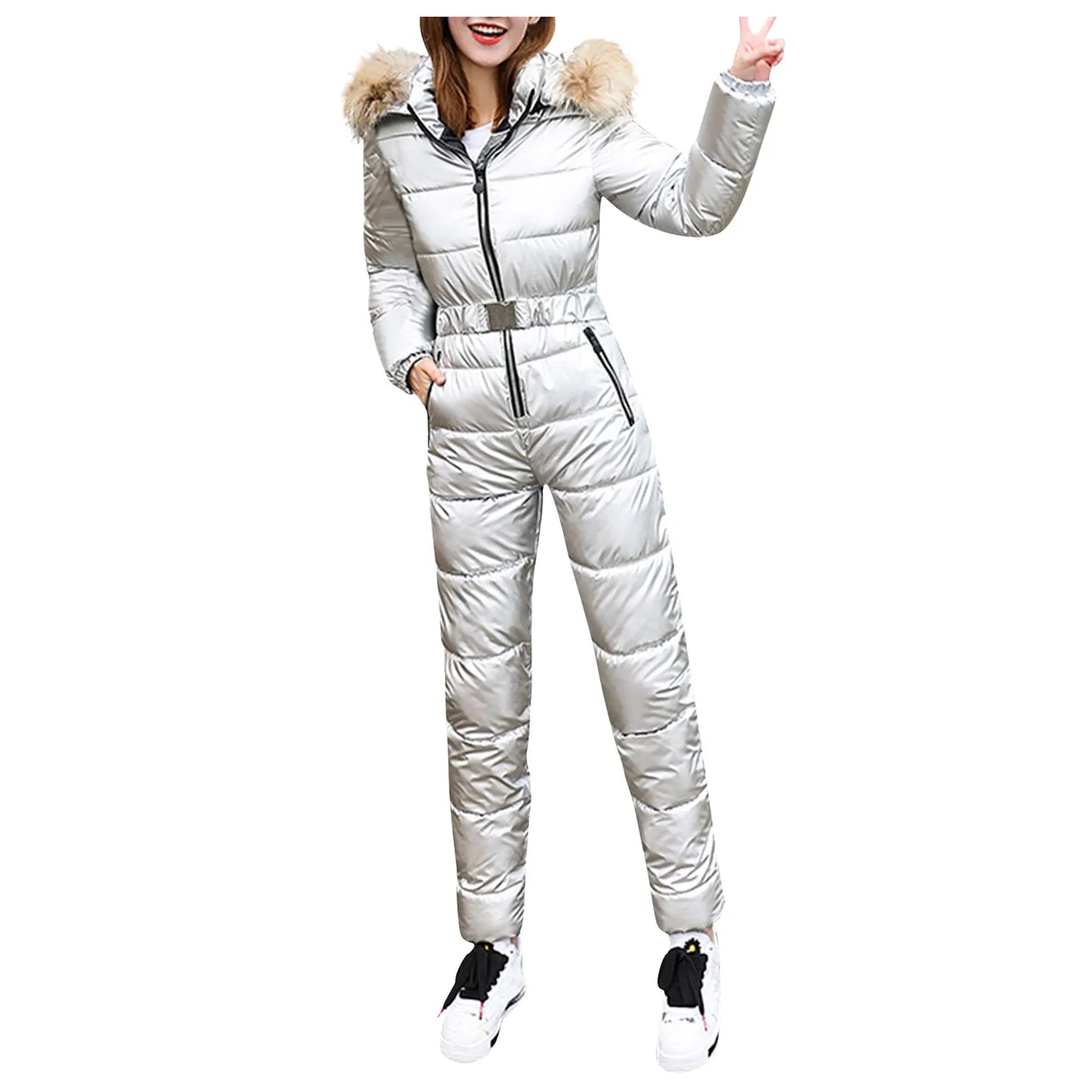 One Piece Outfit Ski Suit Winter Jumpsuit Parka Hooded Cotton Bodysuit Zipper