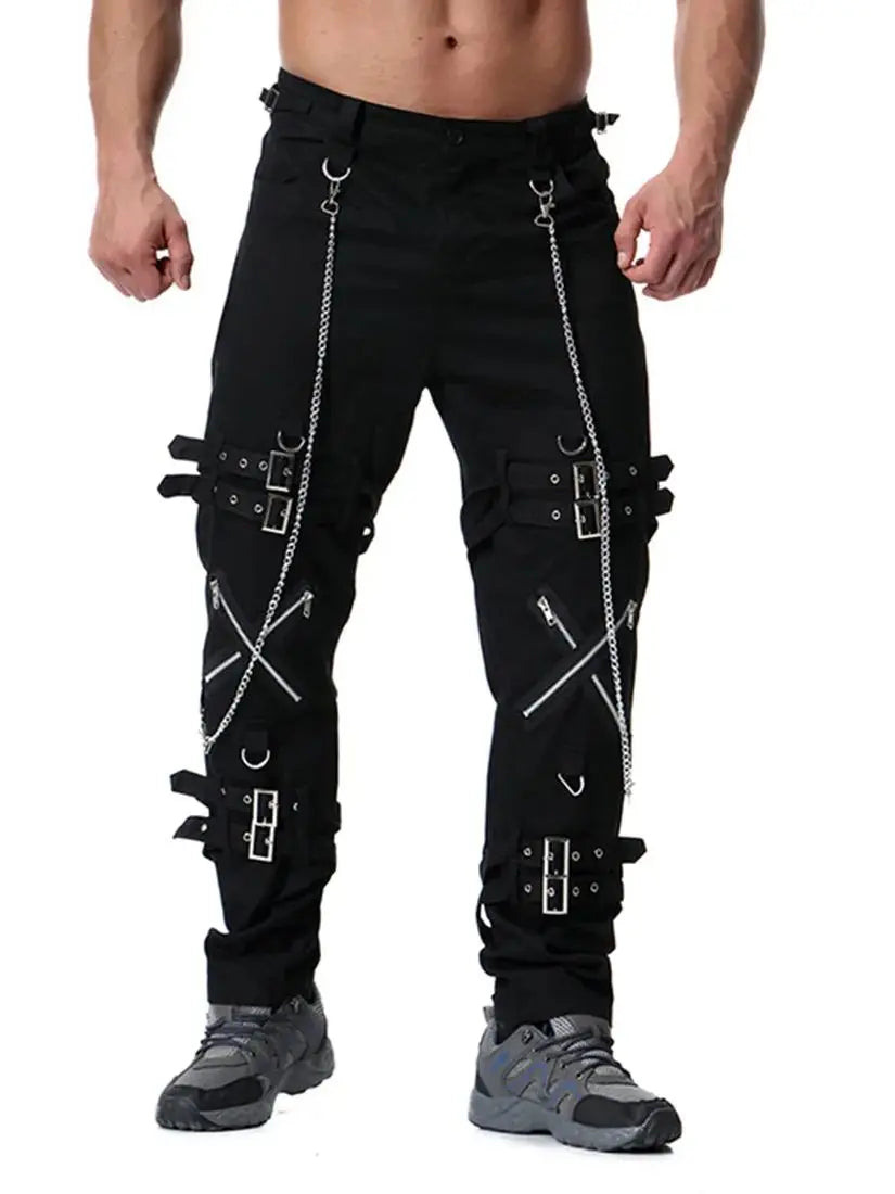 Men`s Steampunk Motorcycle Gothic Hip Hop Cosplay Punk Rock Pants with Chain