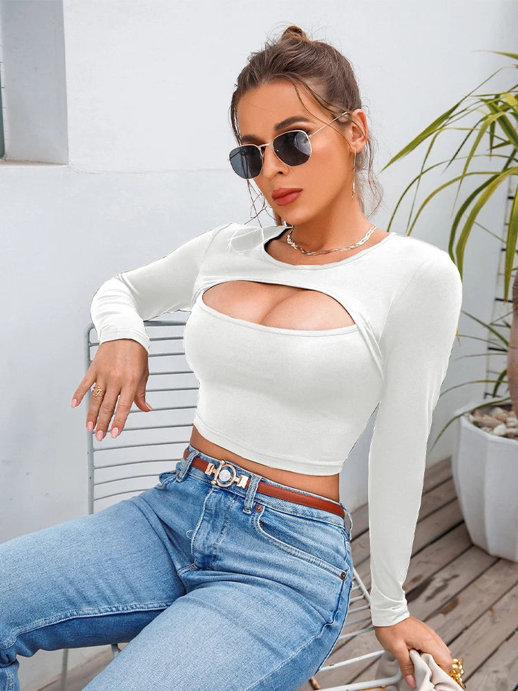 Women's Casual Round Neck Long Sleeve Crop Top Long Sleeve Hollow Fitness Crop Top