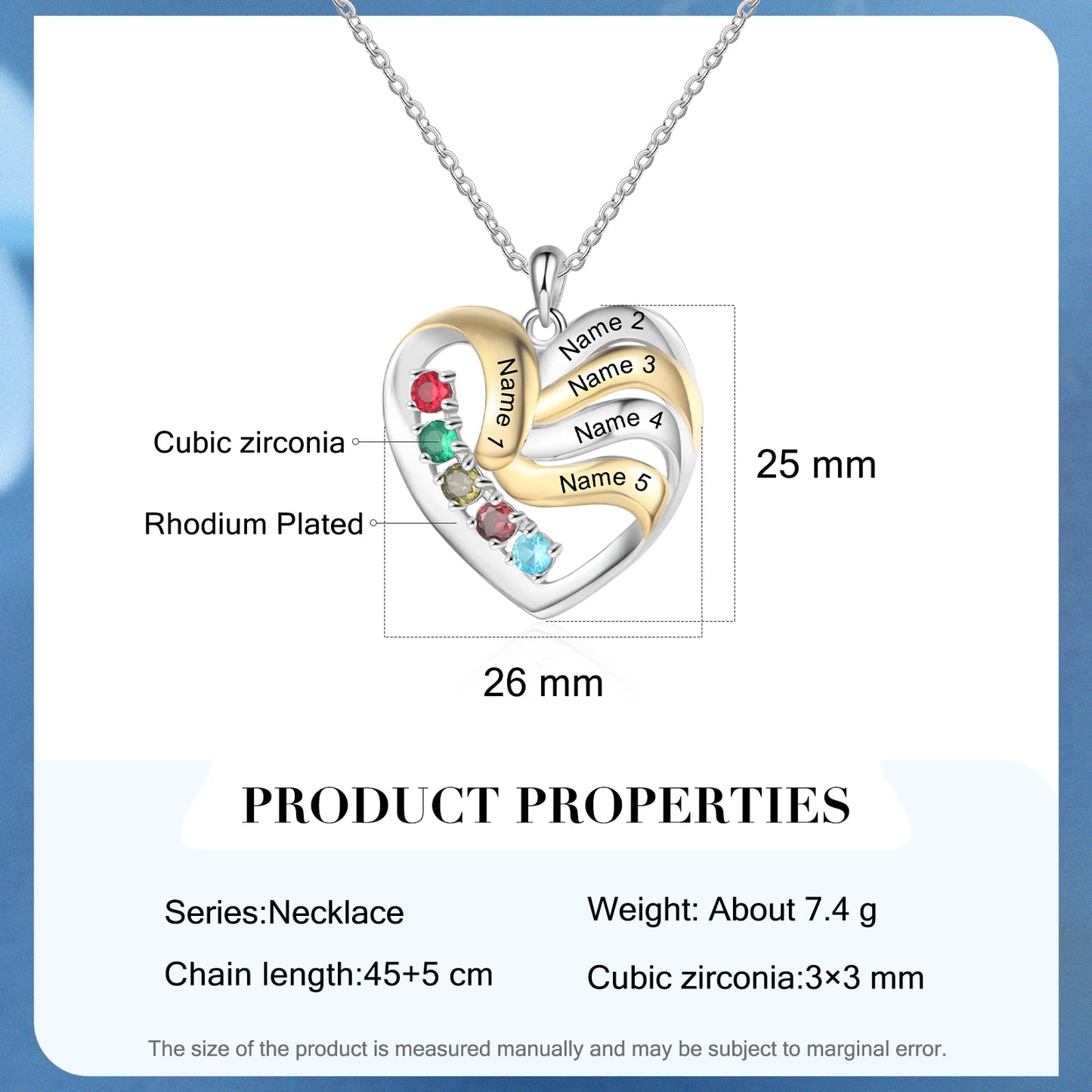 Personalized Love Heart Pendants Necklace 1-5 Kids Names Birthstone Mothers Day