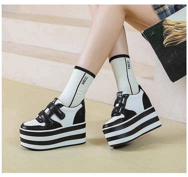 High quality 12cm Synthetic Genuine Leather Boot Ankle Platform Wedge High Brand Chunky Sneaker Shoes