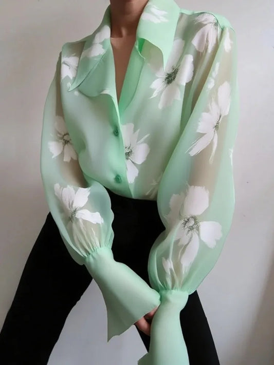 Urban Female Elegant Floral Printed See-Through Lapel Blouse Flared Sleeves Loose Casual Office Party